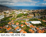 Aerial drone view of Funchal town, Madeira, Portugal. Стоковое фото, фотограф Дмитрий Рухленко / Фотобанк Лори