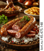 Sausages - November 13th every year - birthday! It was on this day in 1805 that Johann Laner created the first sausage and called it "Viennese". Enjoy your meal! Стоковое AI-изображение, AI-художник Сергей Елизарьев / Фотобанк Лори