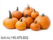 Colorful Variety of Pumpkins isolated on white. Autumn. Types of Squash cut out. Vibrant diverse collection of pumpkins in various colors and sizes. Assortment of multi colored decorative gourds. Стоковое AI-изображение, AI-художник Марина Демидюк / Фотобанк Лори