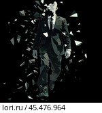 Business career collapse concept. A young man in a suit is breaking into parts isolated on a black background. Low poly wireframe illustration. Work failure. Стоковое AI-изображение, AI-художник Александра Рублева / Фотобанк Лори