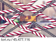 Prohibitory sign in the form of a stop tape and a chain with a sign. Стоковая иллюстрация, иллюстратор Дмитрий Кобзев / Фотобанк Лори