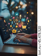 Hands typing on laptop with colorful shopping icons for online shopping experience. Стоковое AI-изображение, AI-художник Юлия Гапеенко / Фотобанк Лори