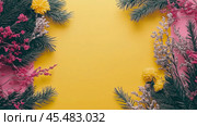 Thanksgiving day floral card with autumn colors on a vibrant yellow background for fall celebrations. Стоковое AI-изображение, AI-художник Людмила Лесовая / Фотобанк Лори