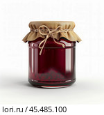 Glass jar with red berry jam and raffia ribbon on white background. Стоковое AI-изображение, AI-художник Иван Рябоконь / Фотобанк Лори