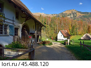 Traditional old houses in Swiss Alps. Swiss Open Air Museum Ballenberg in Brienz. Municipality of Hofstetten bei Brienz, canton of Bern, Switzerland. Редакционное фото, фотограф Bala-Kate / Фотобанк Лори