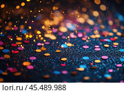 Colorful sparkling. Confetti highlights. Iridescent surface with strobe disco effect. Variable dark background with spectral speckle dispersion. Стоковое AI-изображение, AI-художник Ирина Михайличенко / Фотобанк Лори