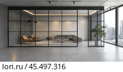 Modern interior with glass walls and windows. Стоковое AI-изображение, AI-художник Михаил Коханчиков / Фотобанк Лори