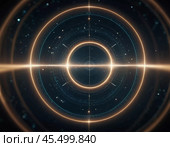 A complex design featuring interlocking circles and lines represents the intricate concepts of quantum physics. The dark backdrop enhances the luminous patterns of connection. Generative AI. Стоковое AI-изображение, AI-художник Юлия Петровская / Фотобанк Лори