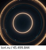 A complex design featuring interlocking circles and lines represents the intricate concepts of quantum physics. The dark backdrop enhances the luminous patterns of connection. Generative AI. Стоковое AI-изображение, AI-художник Юлия Петровская / Фотобанк Лори