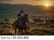 A Mongol warrior of the 14th century at sunset. Стоковое AI-изображение, AI-художник Александр Поташев / Фотобанк Лори