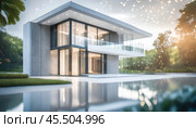 A luxurious minimalist glass-walled house at dusk surrounded by nature, with exterior lights glowing softly. Стоковое AI-изображение, AI-художник Igor Tichonow / Фотобанк Лори