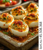 Stuffed eggs, a traditional appetizer for any holiday table, which is prepared quickly, simply and from a minimum amount of products. Enjoy your meal! Стоковое AI-изображение, AI-художник Сергей Елизарьев / Фотобанк Лори