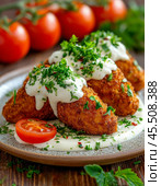 Potato zrazy with carrot filling. Enjoy your meal! Стоковое AI-изображение, AI-художник Сергей Елизарьев / Фотобанк Лори
