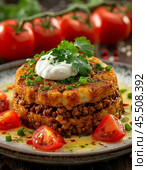 Potato cake with minced meat. Enjoy your meal! Стоковое AI-изображение, AI-художник Сергей Елизарьев / Фотобанк Лори