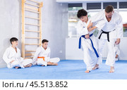 Karate sensei demonstrating fighting techniques to disciples during kumite with boy. Стоковое фото, фотограф Яков Филимонов / Фотобанк Лори