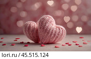 The banner. Background for Valentine's Day. Knitted hearts with festive lights in the form of a side in the background. a mock-up of an invitation card for a Valentine's Day party, a place to copy. Стоковое AI-изображение, AI-художник Photojuli / Фотобанк Лори