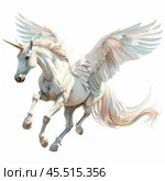 White pegasus horse flying with spread wings. Стоковое AI-изображение, AI-художник Иван Рябоконь / Фотобанк Лори