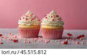Festive cupcakes, baked with pastry sprinkles on a pink background with sequins, ideal for romantic celebrations. Valentine's Day, wedding. Стоковое AI-изображение, AI-художник Photojuli / Фотобанк Лори