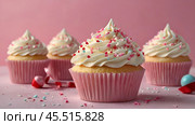 Festive cupcakes, baked with pastry sprinkles on a pink background with sequins, ideal for romantic celebrations. Valentine's Day, wedding. Стоковое AI-изображение, AI-художник Photojuli / Фотобанк Лори