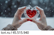 A woman's hands are holding a piece of ice with a red heart inside. Snow is falling. Valentine's Day and World Health, Love and Family Insurance Day. Стоковое AI-изображение, AI-художник Photojuli / Фотобанк Лори