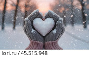 Women's hands in warm mittens hold a pink heart. Snow is falling. Valentine's Day and World Health, Love and Family Insurance Day. Стоковое AI-изображение, AI-художник Photojuli / Фотобанк Лори