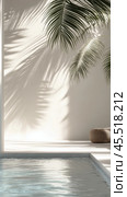 Reflections of palm shadows on tranquil water in an elegant outdoor setting. Стоковое AI-изображение, AI-художник Юлия Гапеенко / Фотобанк Лори