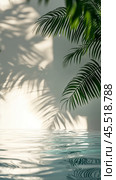 Reflections of palm shadows on tranquil water in an elegant outdoor setting. Стоковое AI-изображение, AI-художник Юлия Гапеенко / Фотобанк Лори