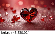 A banner for Valentine's Day. Crystal red hearts with festive lights in the form of a side in the background. A mock-up of an invitation card for a Valentine's Day party, a place to copy. Стоковое AI-изображение, AI-художник Photojuli / Фотобанк Лори