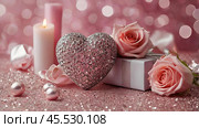 A banner for Valentine's Day. Pink heart and roses with festive lights on the sides in the background. A mock-up of an invitation card for a Valentine's Day party, a place to copy. Стоковое AI-изображение, AI-художник Photojuli / Фотобанк Лори