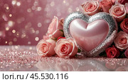 A banner for Valentine's Day. Pink heart and roses with festive lights on the sides in the background. A mock-up of an invitation card for a Valentine's Day party, a place to copy. Стоковое AI-изображение, AI-художник Photojuli / Фотобанк Лори