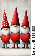 Three whimsical gnomes hold large red hearts, spreading love and joy, AI. Стоковое AI-изображение, AI-художник Сергей Старуш / Фотобанк Лори