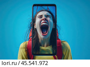 Portrait of a screaming girl with her face stretched out from screaming, filming her emotion on a smartphone camera. Стоковое AI-изображение, AI-художник Ярославский Максим / Фотобанк Лори