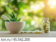 Mortars and pestles with herbal blends. Medicinal herbs, tinctures against defocused foliage. Herbal Medicine. Homeopathic pills, capsules, flowers. Copy space. Natural Eco organic Dietary supplements. Стоковое AI-изображение, AI-художник Марина Демидюк / Фотобанк Лори