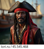 A seasoned pirate captain with long dreadlocks and a striking beard stares intently into the distance. Piracy is an activity committed by pirates, robbing ships on the seas, oceans. Generative AI. Стоковое AI-изображение, AI-художник Юлия Петровская / Фотобанк Лори