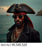 A seasoned pirate captain with long dreadlocks and a striking beard stares intently into the distance. Piracy is an activity committed by pirates, robbing ships on the seas, oceans. Generative AI. Стоковое AI-изображение, AI-художник Юлия Петровская / Фотобанк Лори