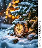 The clock is counting down the last moment of the outgoing old year. Festive New Year atmosphere. New Year card. Стоковое фото, фотограф Сергей Елизарьев / Фотобанк Лори