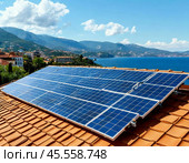 Solar monocrystalline battery on the roof of a private house in the countryside. Use of solar energy. Стоковое AI-изображение, AI-художник Сергей Елизарьев / Фотобанк Лори