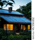 Solar battery on the roof of a private house in the countryside. Use of solar energy. Стоковое AI-изображение, AI-художник Сергей Елизарьев / Фотобанк Лори