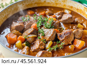 Steaming beef stew with thyme and vegetables simmering in pot. Стоковое AI-изображение, AI-художник Юрий Поздников / Фотобанк Лори