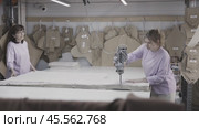 Seamstresses cutting fabric using professional equipment. Стоковое видео, видеограф Данил Руденко / Фотобанк Лори