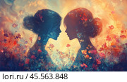 The symbiosis of two human minds. Silhouettes of girls on a floral background. Стоковое AI-изображение, AI-художник Ярославский Максим / Фотобанк Лори