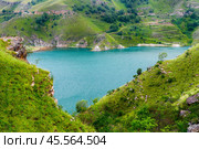 Picturesque view of the mountain lake Gizhgit in the shape of a heart with azure water. Caucasus. Стоковое фото, фотограф Константин Лабунский / Фотобанк Лори