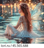 A beautiful fairy is sitting in a pond around a fabulous twinkle of lights. Стоковое AI-изображение, AI-художник Ирина Ручушкина / Фотобанк Лори