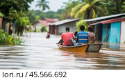 Family escaping flooded village by boat in developing country. Стоковое AI-изображение, AI-художник Юрий Поздников / Фотобанк Лори