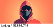 Hacker wearing hoodie and mask is committing a cyber crime. Стоковое AI-изображение, AI-художник Юрий Поздников / Фотобанк Лори