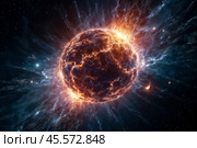 Supernova with exploding stars cosmic shock waves and radiant nebula on night sky, celestial space phenomenon. Perfect background, poster banner. Cosmic science spectacle concept. Copy ad text space. Стоковое AI-изображение, AI-художник Aleksandr Golubev / Фотобанк Лори