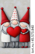 Three whimsical gnomes hold hearts, spreading love and joy with their charming presence, AI. Стоковое AI-изображение, AI-художник Сергей Старуш / Фотобанк Лори