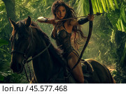 Amazon archer warrior ride horse. Стоковое AI-изображение, AI-художник Михаил Коханчиков / Фотобанк Лори
