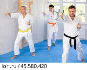 Experienced karate sensei leading group of men during kata training. Стоковое фото, фотограф Яков Филимонов / Фотобанк Лори