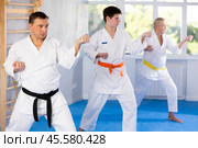 Experienced karate sensei leading group of men during kata training. Стоковое фото, фотограф Яков Филимонов / Фотобанк Лори